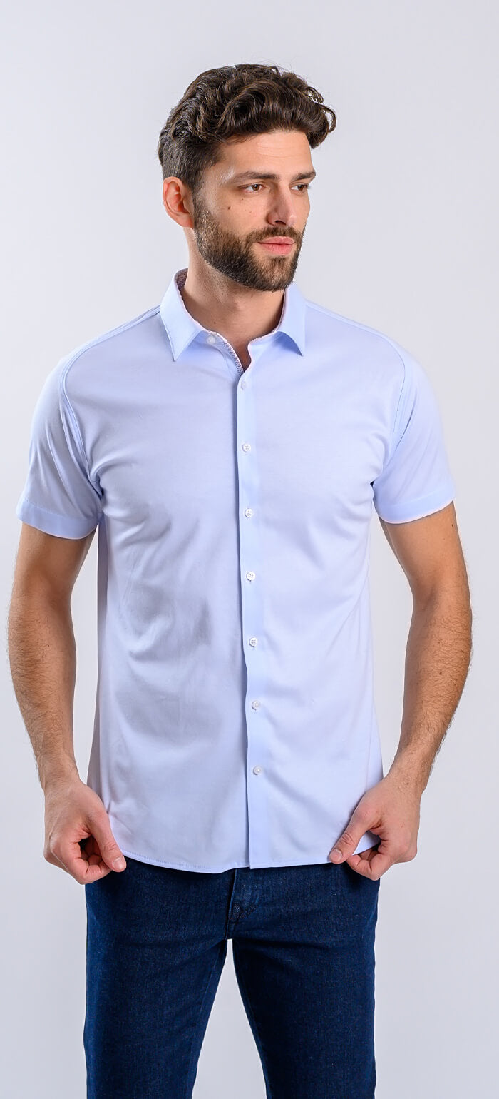 Bledě modrá strečová Extra Slim Fit košile s krátkým rukávem