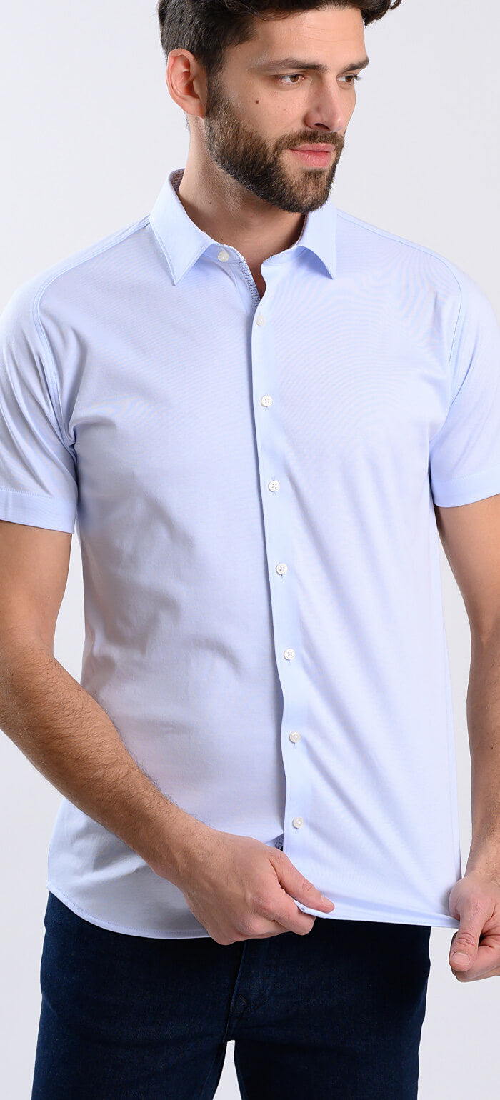 Bledě modrá strečová Extra Slim Fit košile s krátkým rukávem