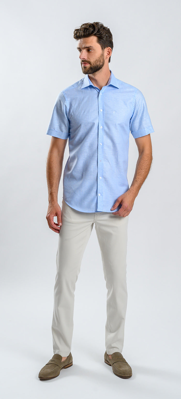 Bleděmodrá vzorovaná lněná Extra Slim Fit košile s krátkým rukávem
