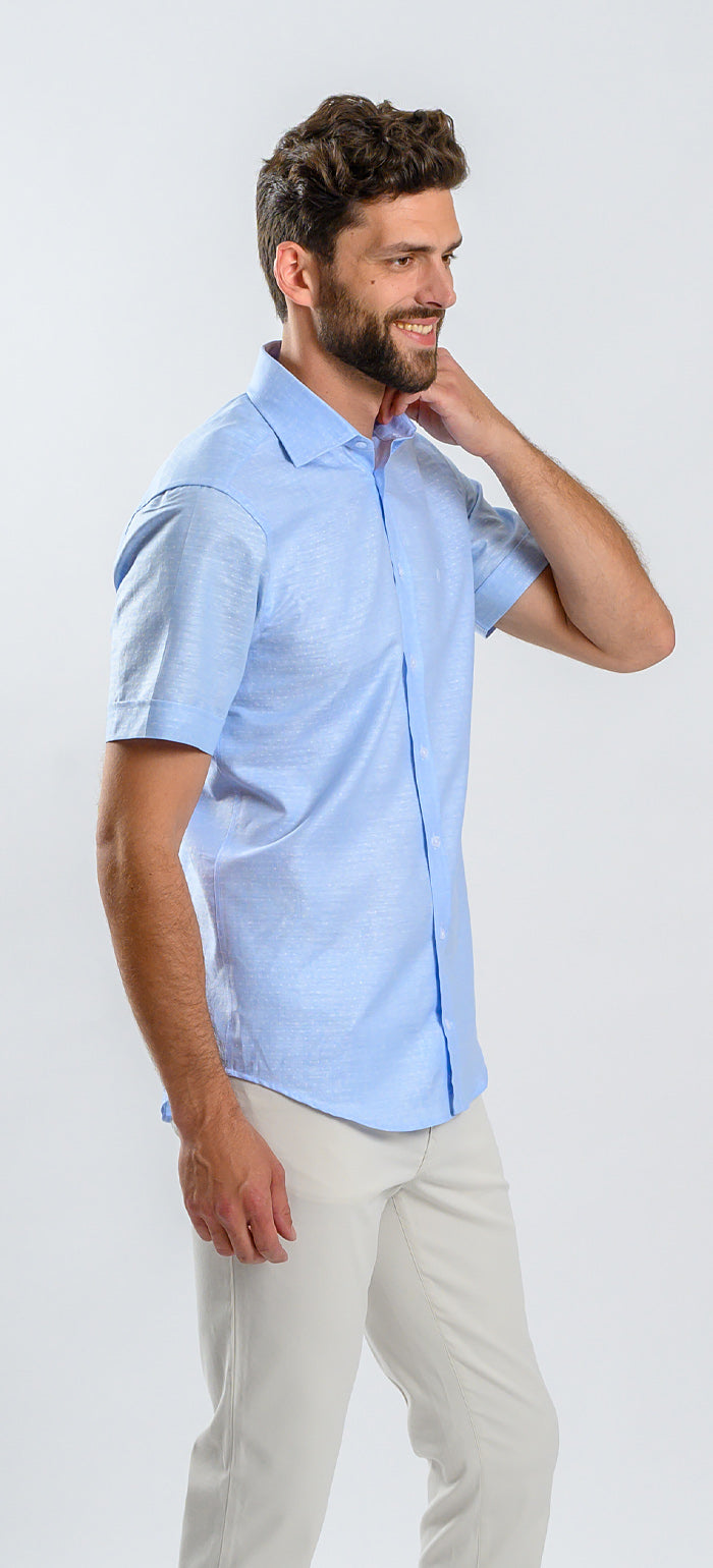 Bleděmodrá vzorovaná lněná Extra Slim Fit košile s krátkým rukávem