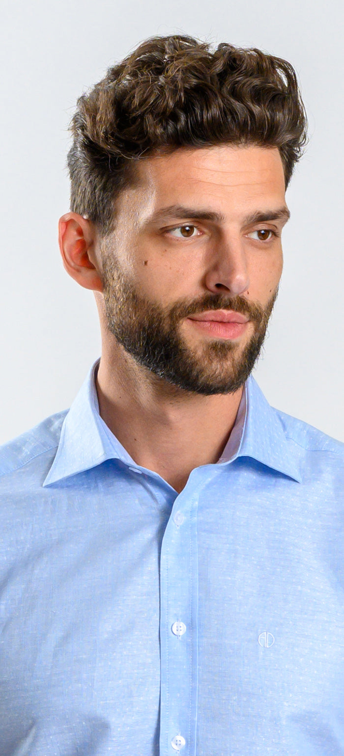 Bleděmodrá vzorovaná lněná Extra Slim Fit košile s krátkým rukávem