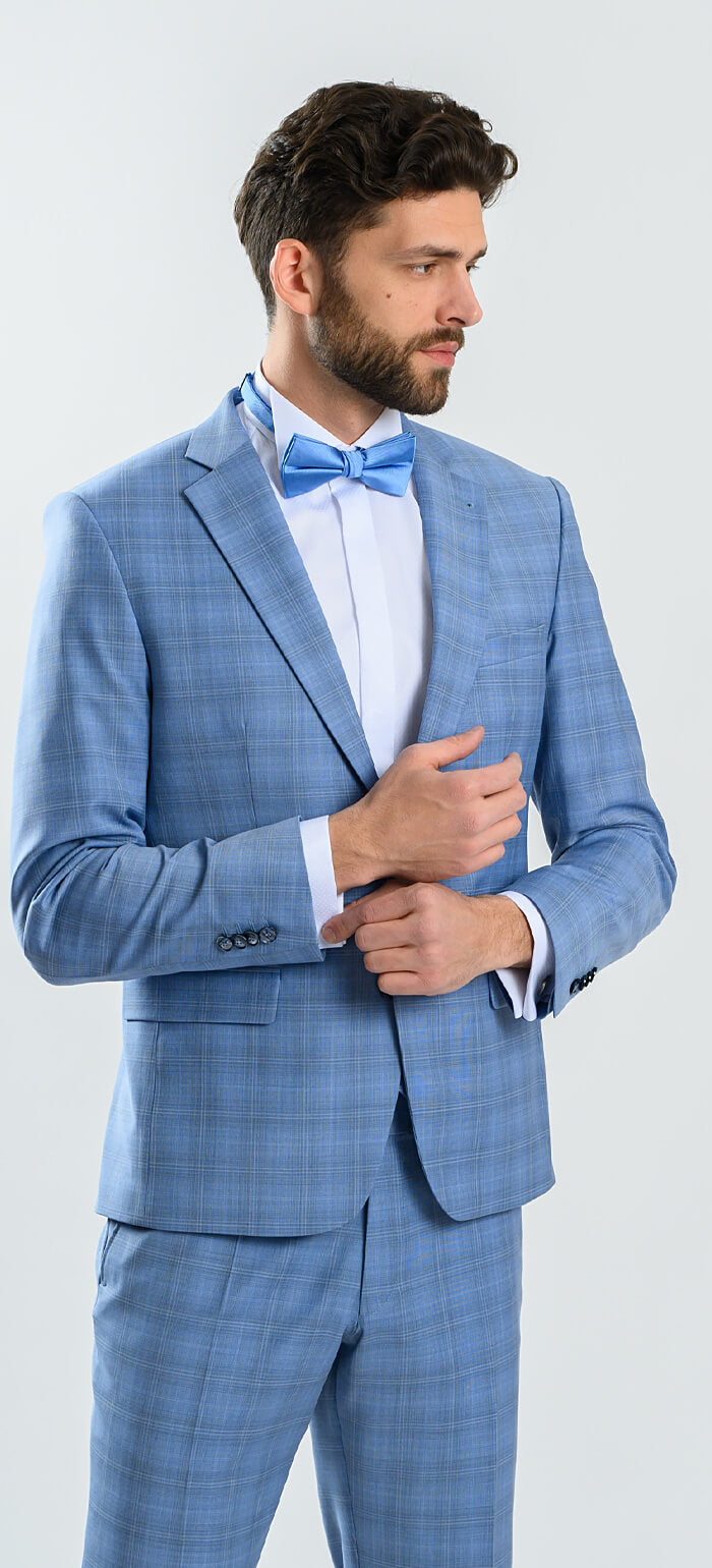 Bledě modrý károvaný svatební Slim Fit oblek s vestou