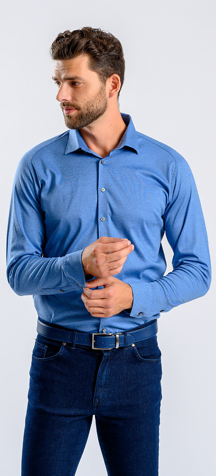 Džínovomodrá strečová Extra Slim Fit košile s nemačkavou úpravou