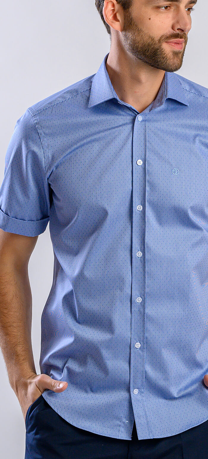 Modrá páskavá Extra Slim Fit košile s krátkým rukávem a vzorem teček