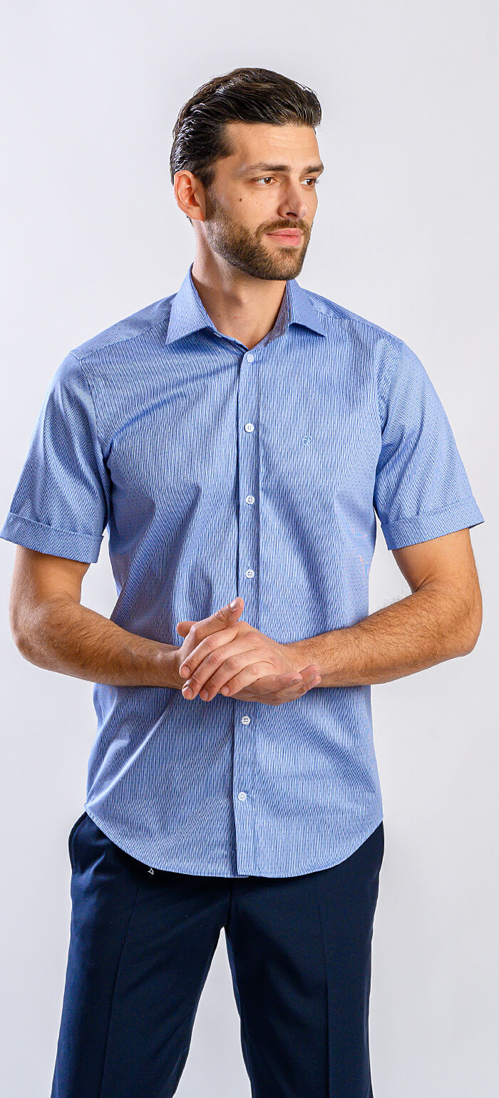 Modrá páskavá Extra Slim Fit košile s krátkým rukávem a vzorem teček
