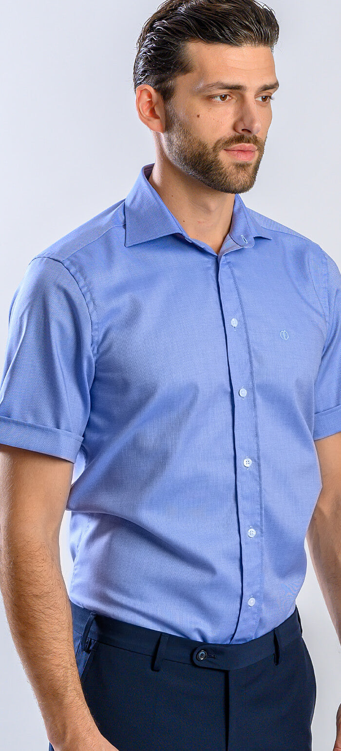 Modrá Slim Fit košile s krátkým rukávem a jemným vzorem