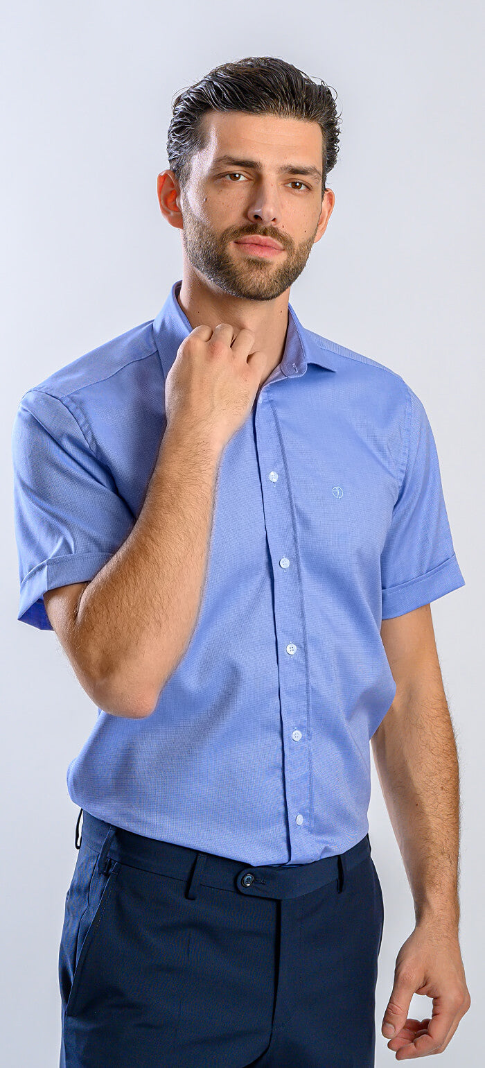 Modrá Slim Fit košile s krátkým rukávem a jemným vzorem