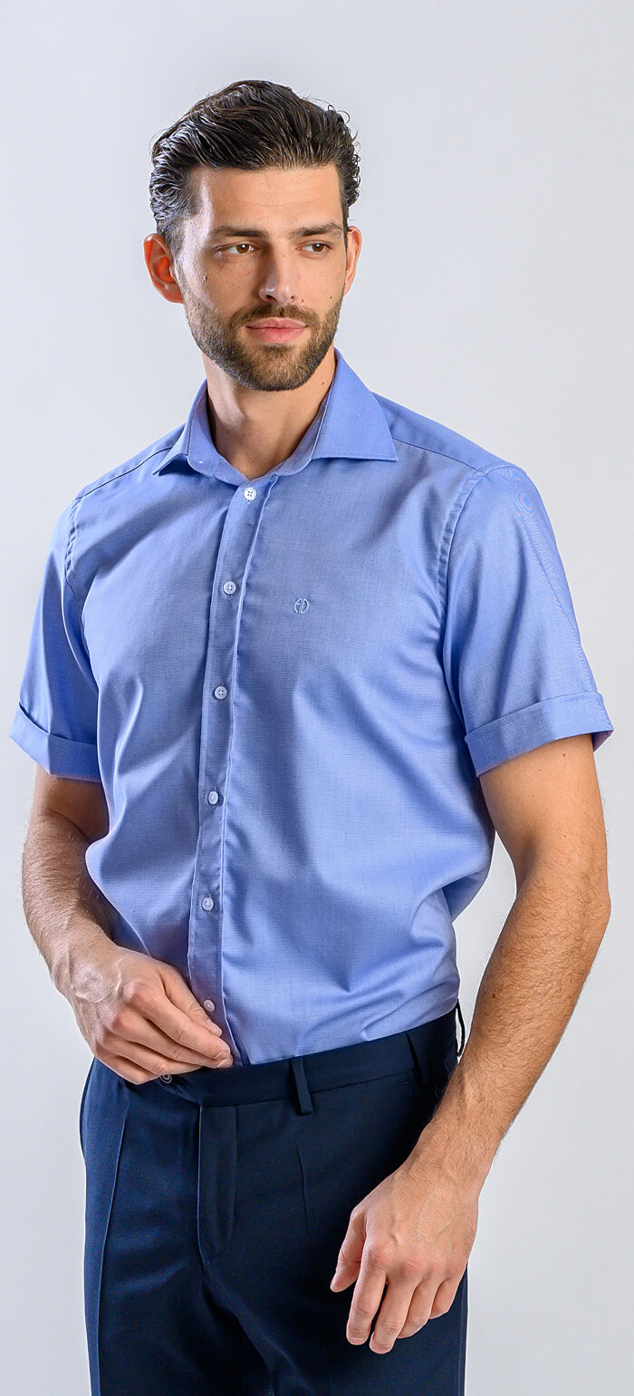 Modrá Slim Fit košile s krátkým rukávem a jemným vzorem