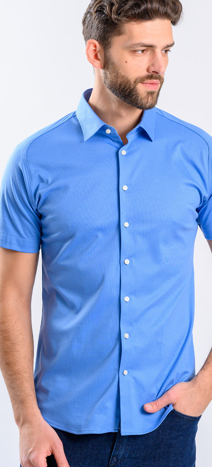 Modrá strečová Extra Slim Fit košile s krátkým rukávem