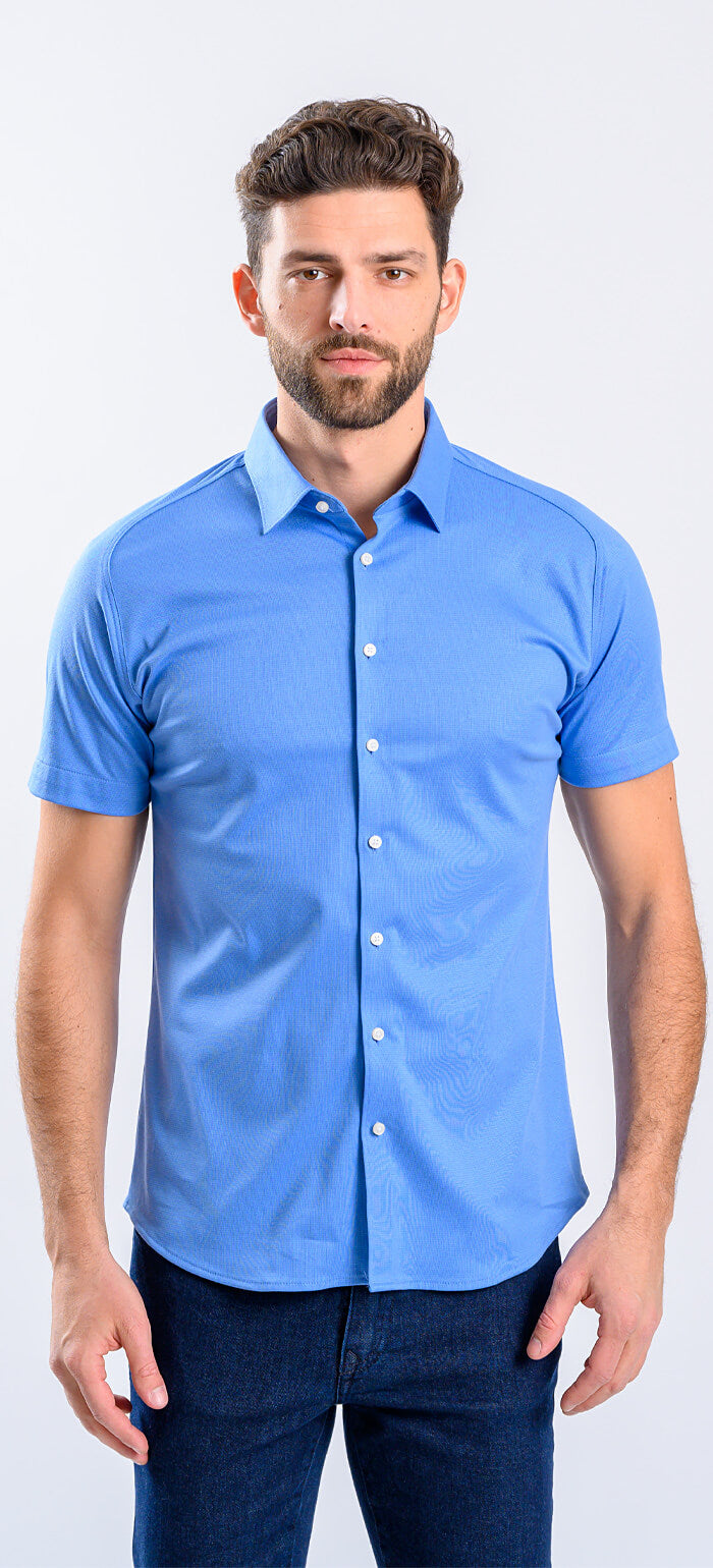 Modrá strečová Extra Slim Fit košile s krátkým rukávem