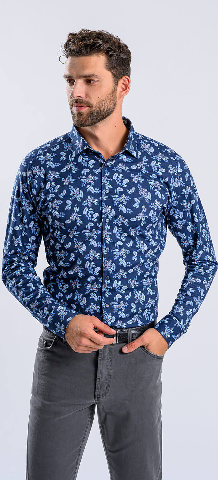 Modrá výrazně vzorovaná strečová Extra Slim Fit košile s nemačkavou úpravou