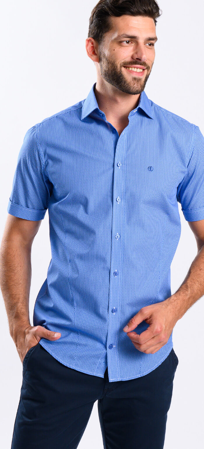 Modrá vzorovaná Extra Slim Fit košile s krátkým rukávem