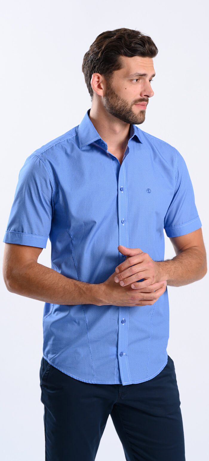 Modrá vzorovaná Extra Slim Fit košile s krátkým rukávem