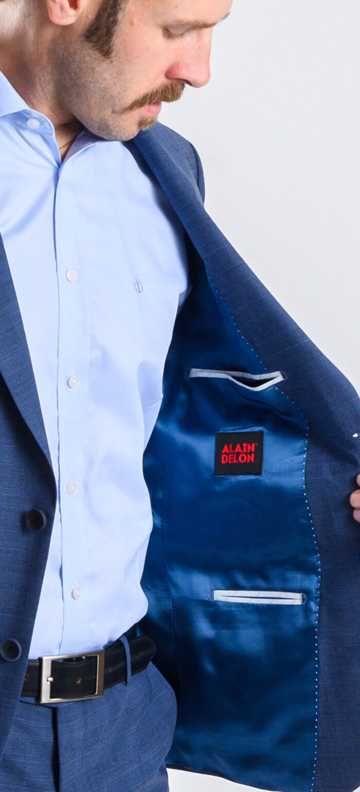 Modrý károvaný vlněný Slim fit oblek