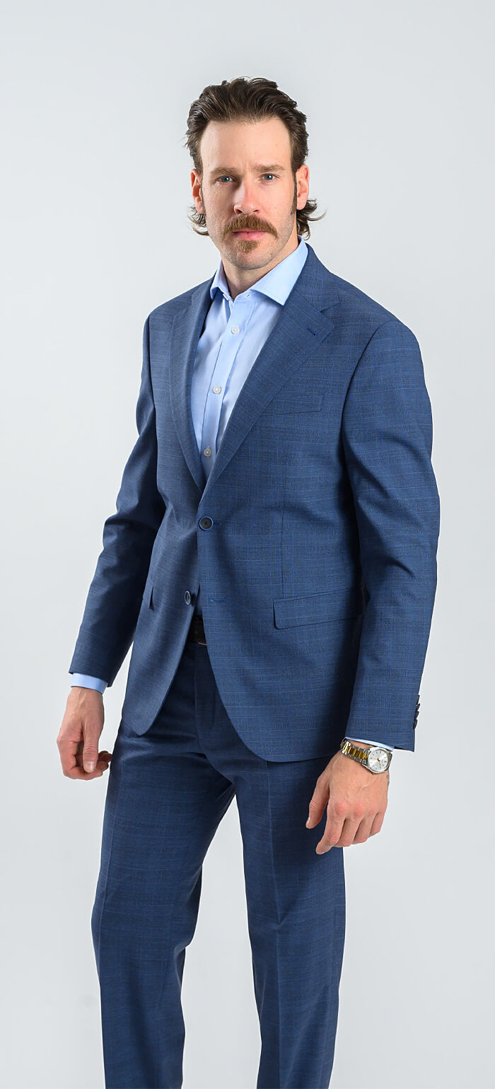 Modrý károvaný vlněný Slim fit oblek