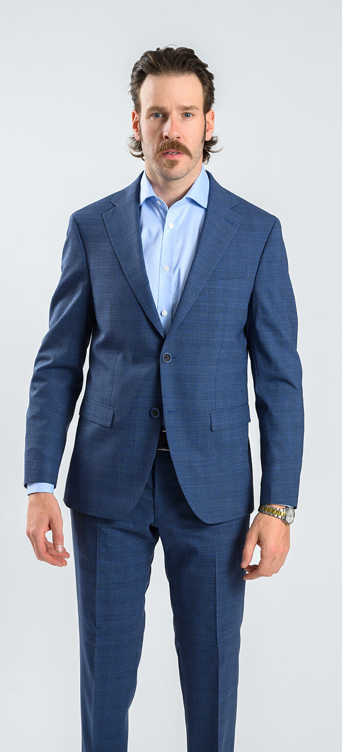 Modrý károvaný vlněný Slim fit oblek