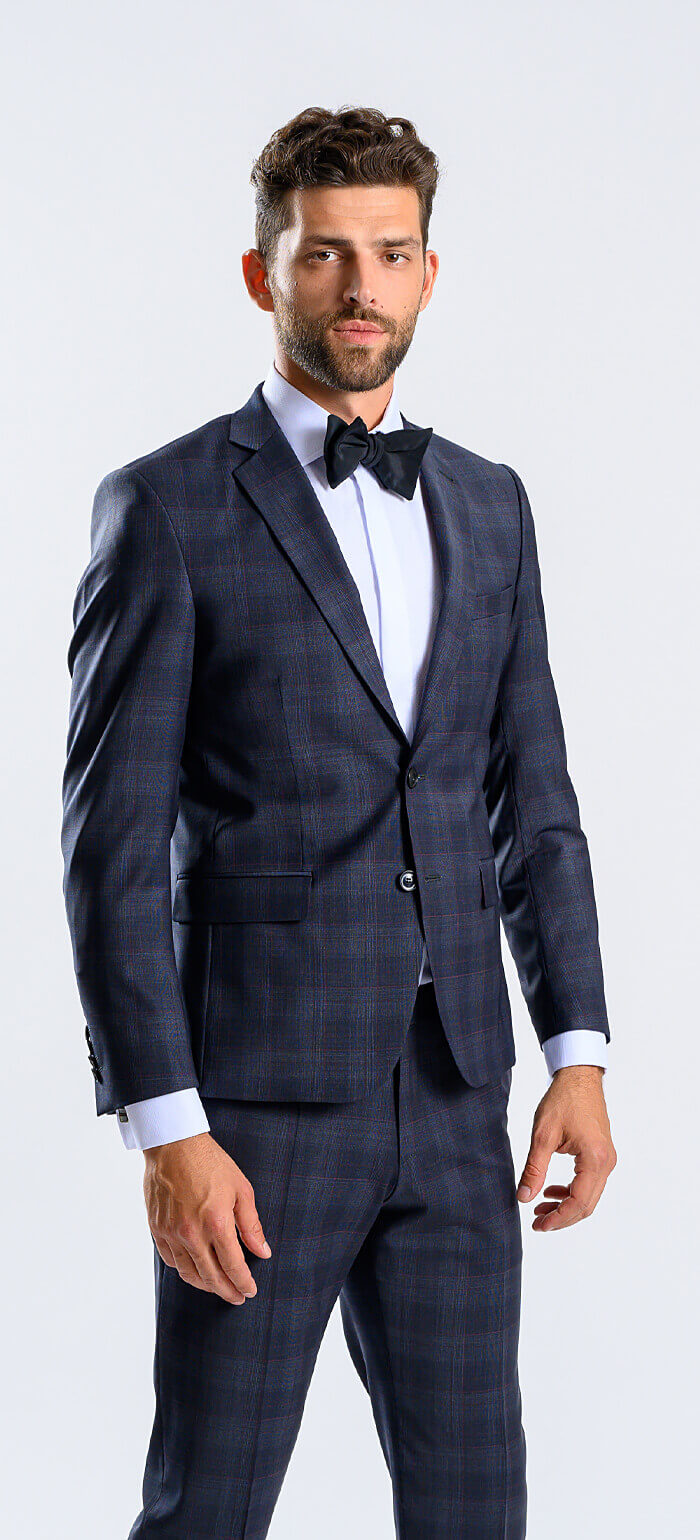 Modrý Slim fit oblek s bordó kárem XL velikosti