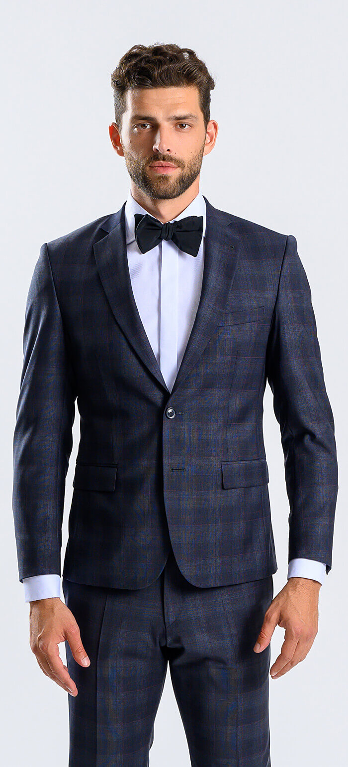 Modrý Slim fit oblek s bordó kárem