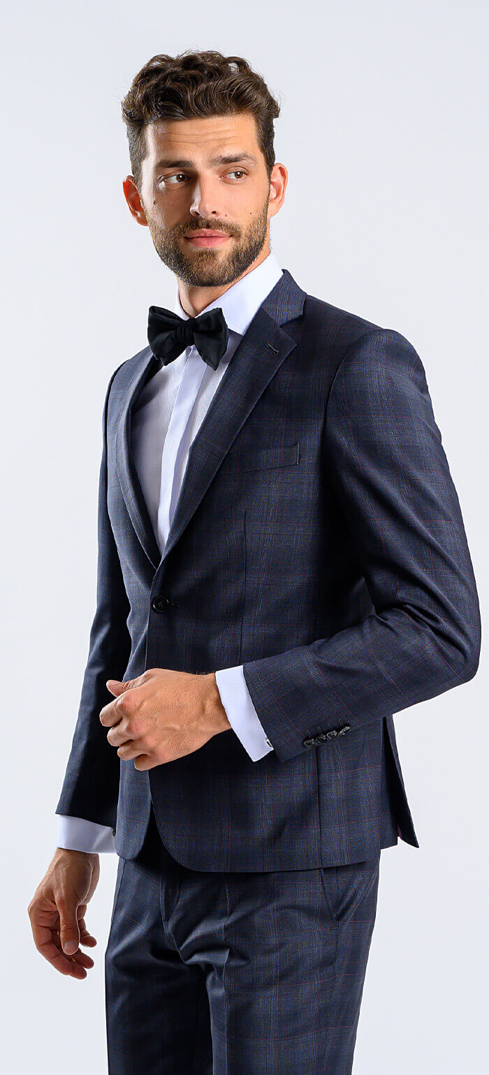 Modrý Slim fit oblek s bordó kárem