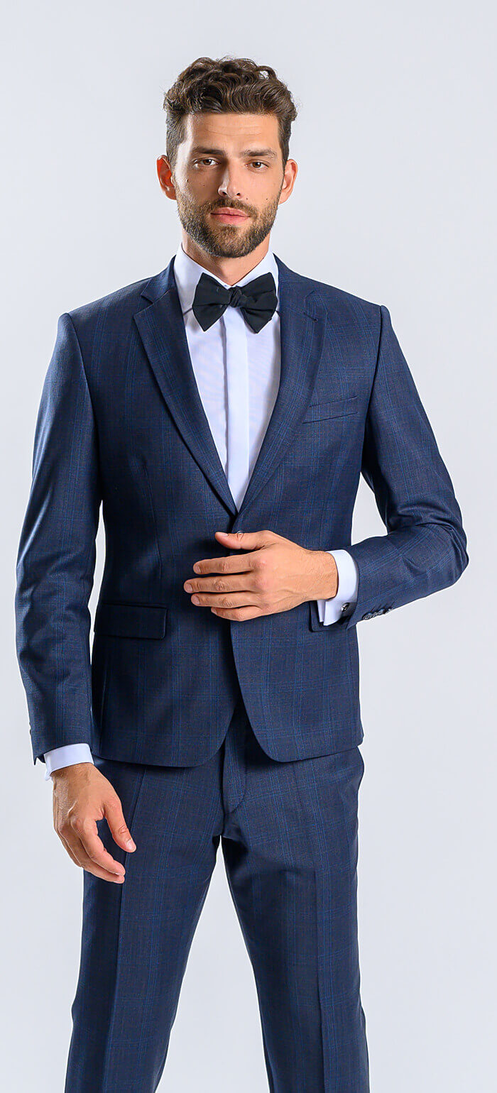 Modrý Slim fit oblek s modrým kárem XL velikosti