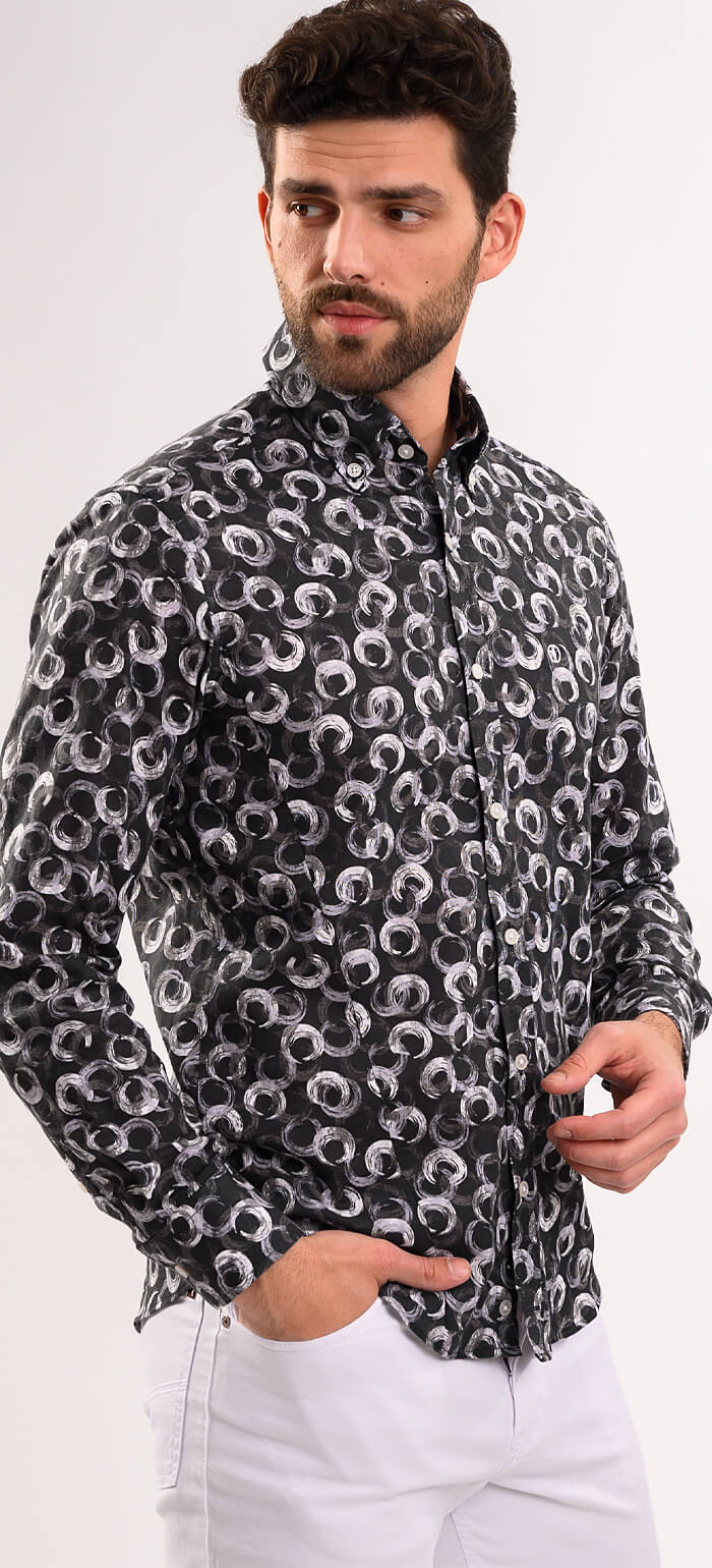 Šedočerná lněná vzorovaná Extra Slim Fit košile