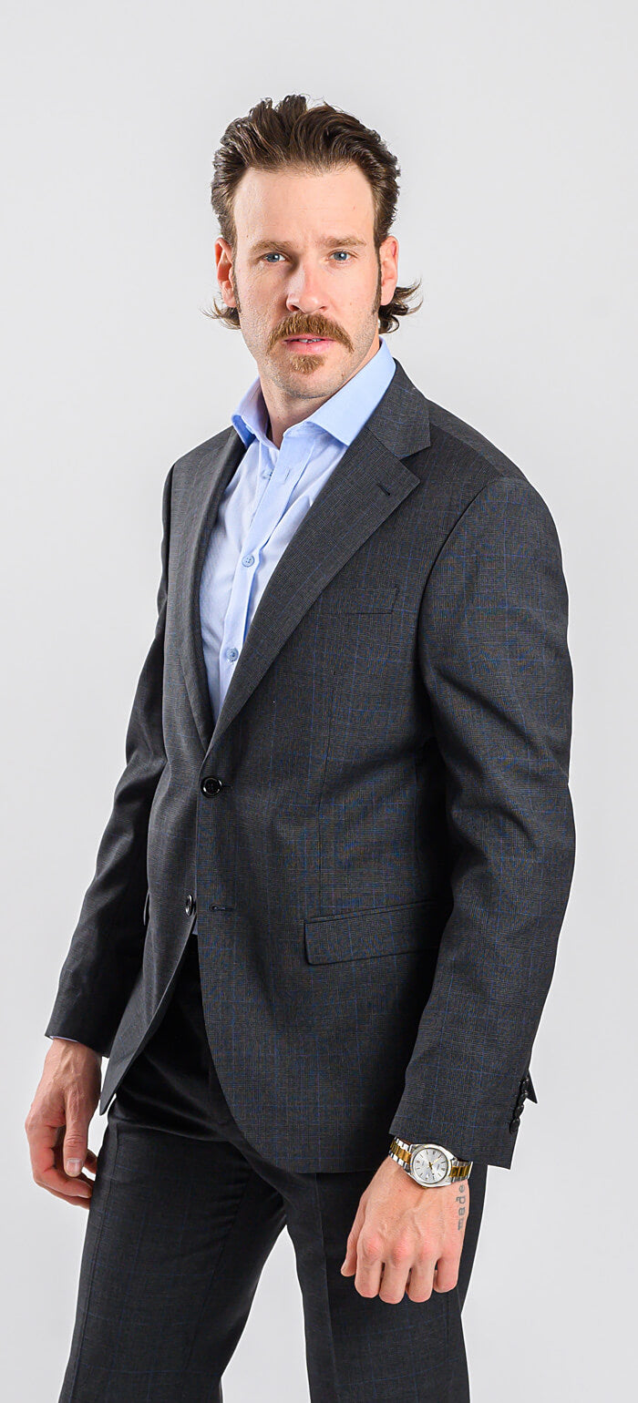 Šedý károvaný vlněný Slim fit oblek