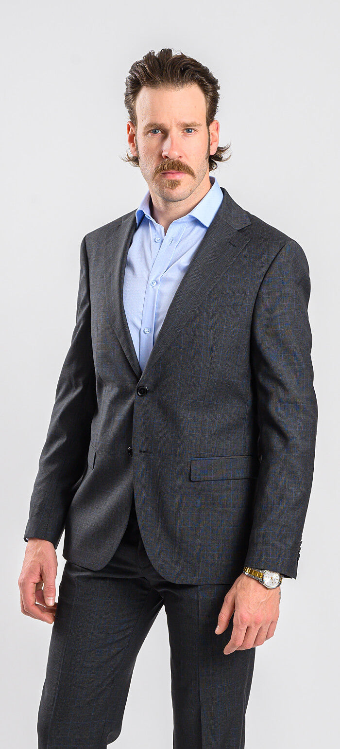 Šedý károvaný vlněný Slim fit oblek