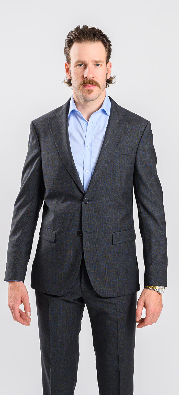 Šedý károvaný vlněný Slim fit oblek