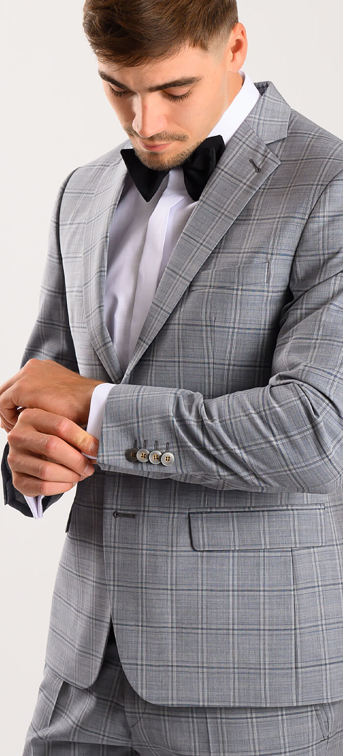 Šedý károvaný vlněný Slim Fit oblek
