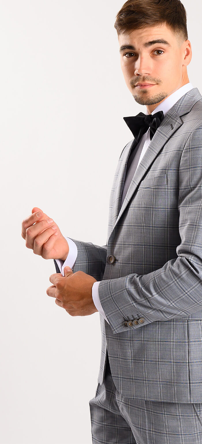 Šedý károvaný vlněný Slim Fit oblek