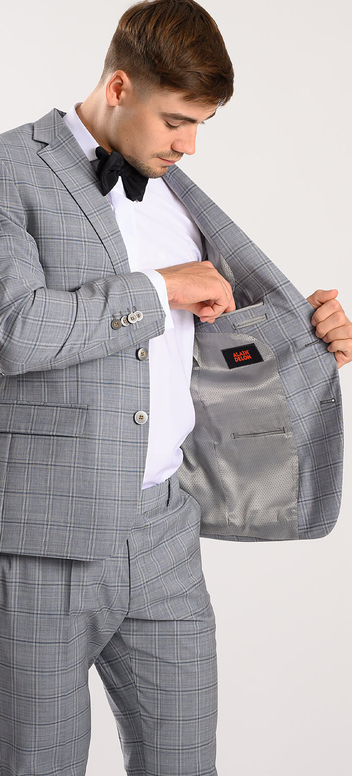 Šedý károvaný vlněný Slim Fit oblek