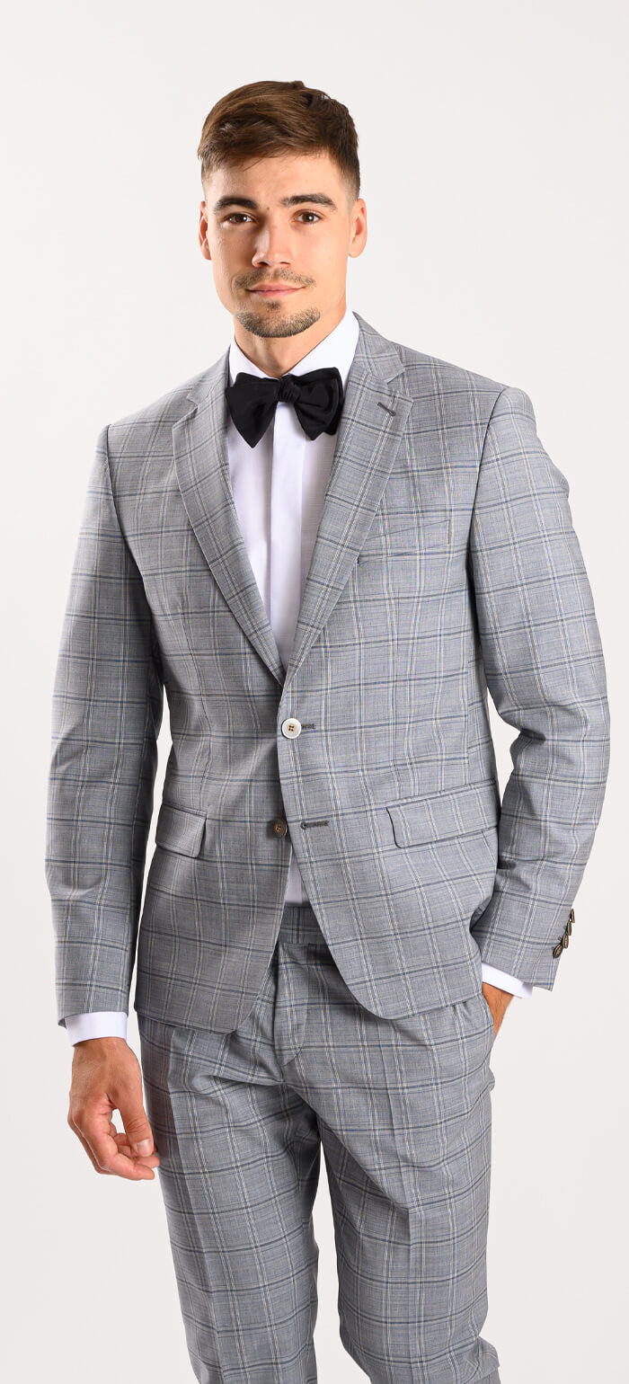Šedý károvaný vlněný Slim Fit oblek
