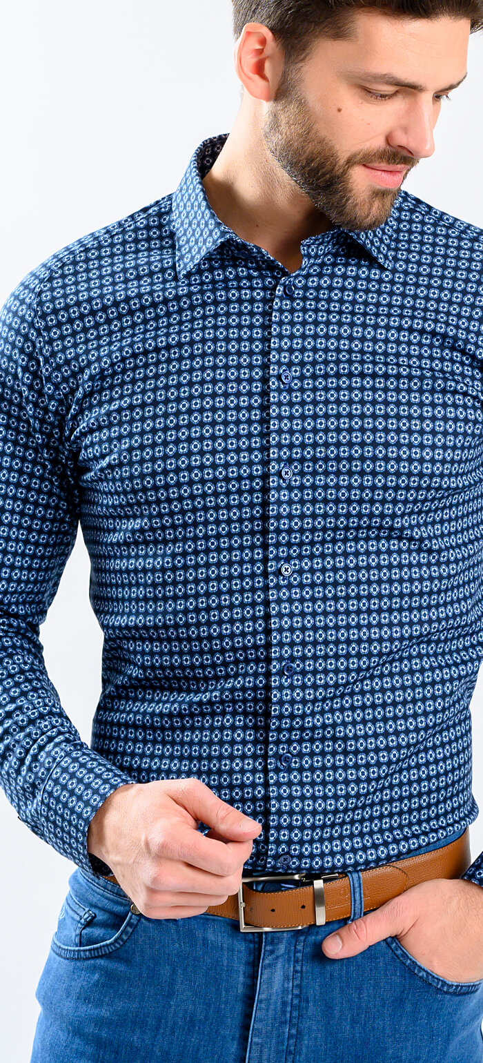 Tmavě modrá strečová Extra Slim Fit košile s bleděmodrým vzorem