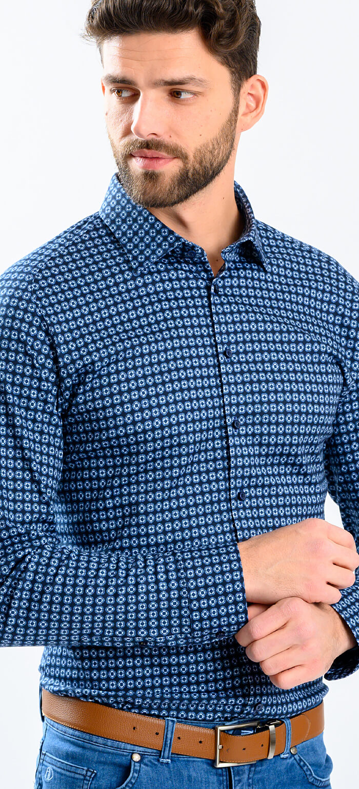 Tmavě modrá strečová Extra Slim Fit košile s bleděmodrým vzorem