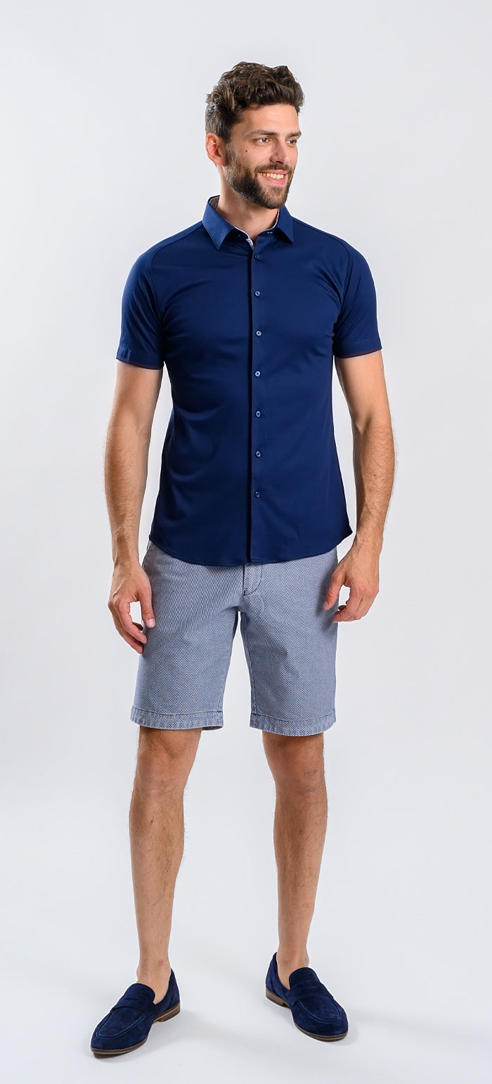Tmavě modrá strečová Extra Slim Fit košile s krátkým rukávem