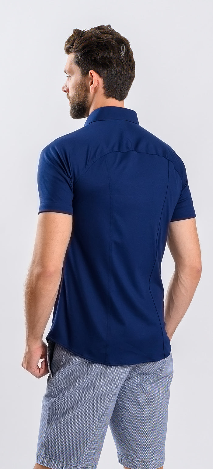 Tmavě modrá strečová Extra Slim Fit košile s krátkým rukávem