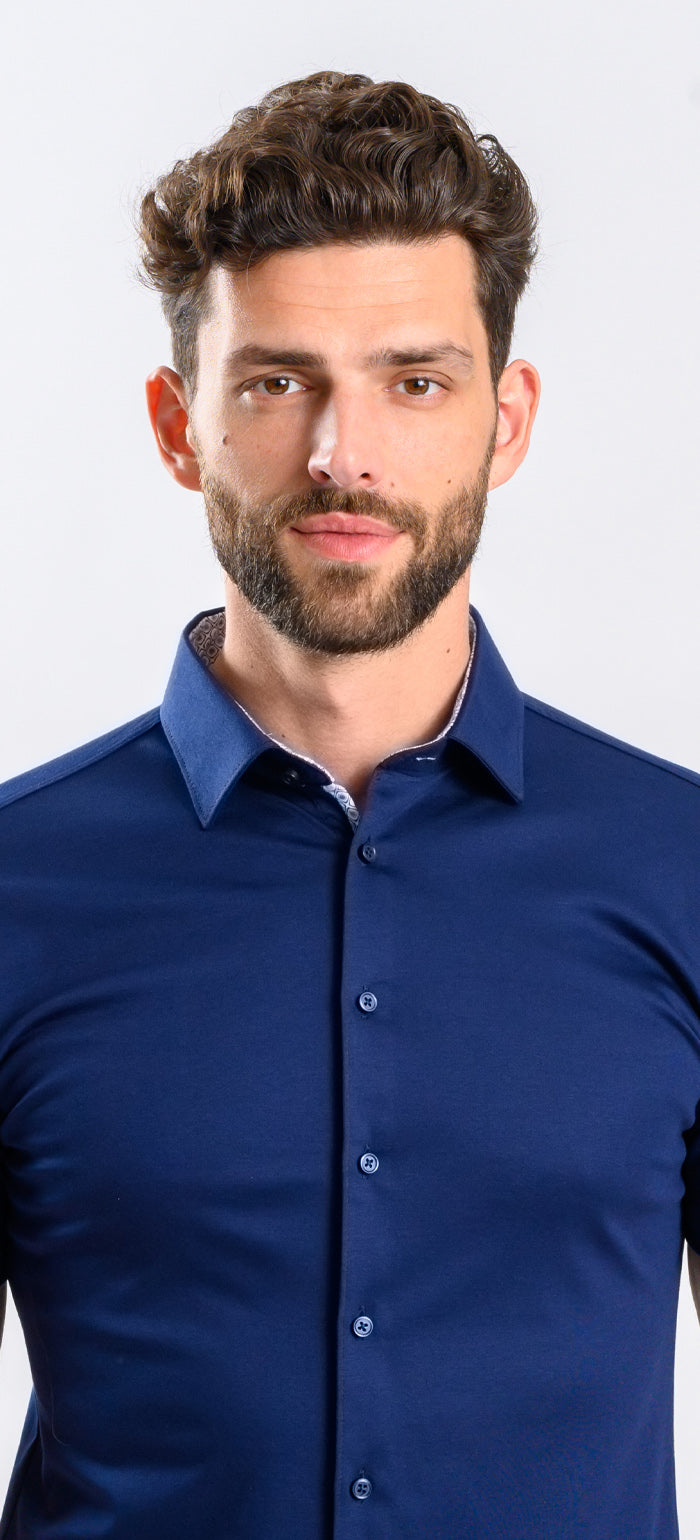 Tmavě modrá strečová Extra Slim Fit košile s krátkým rukávem