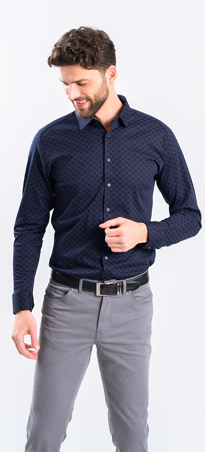 Tmavě modrá strečová Extra Slim Fit košile se vzorem