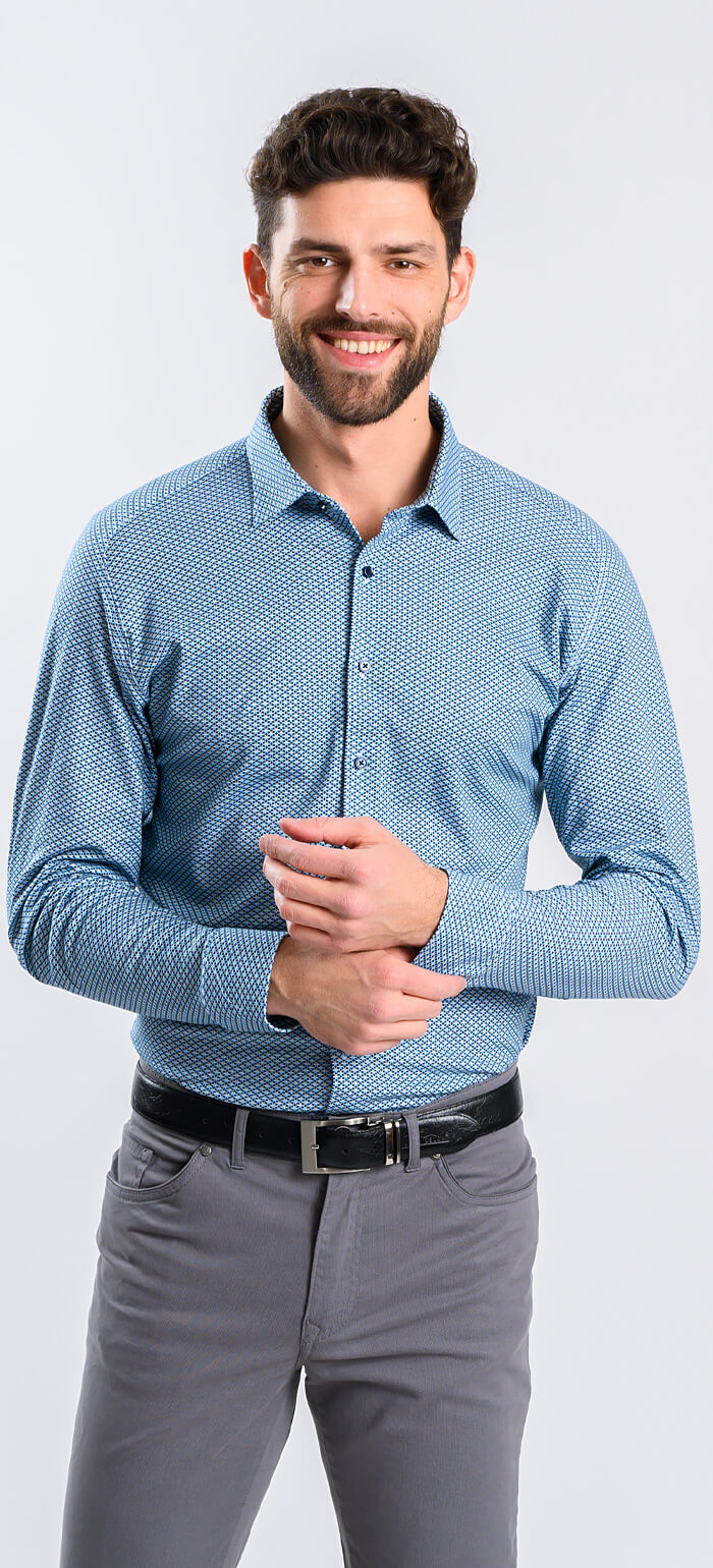 Tmavě modrá strečová Extra Slim Fit košile se zeleným vzorem