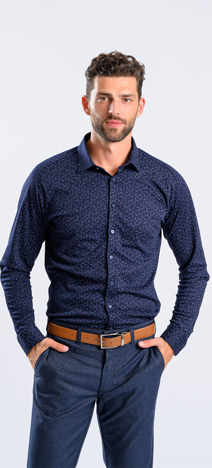 Tmavě modrá vzorovaná strečová Extra Slim Fit košile s nemačkavou úpravou
