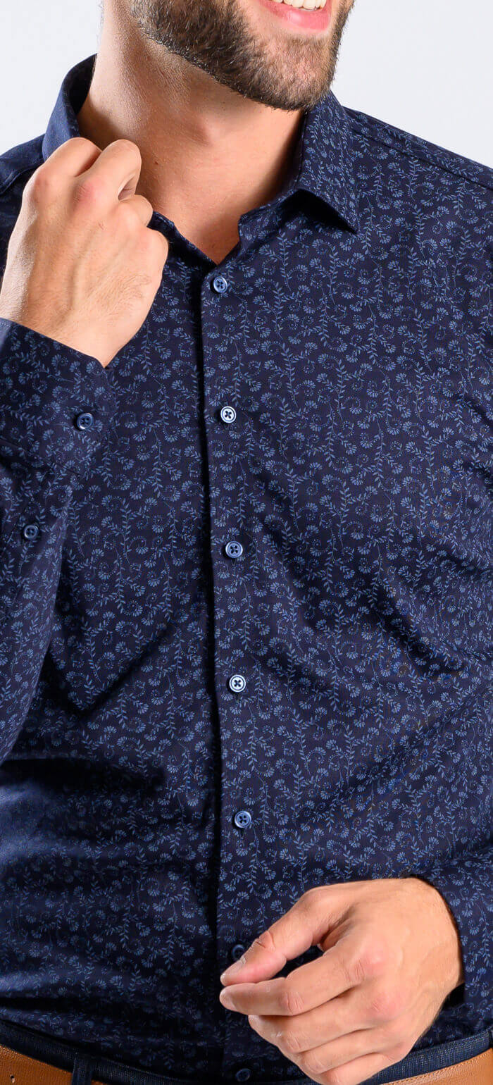Tmavě modrá vzorovaná strečová Extra Slim Fit košile s nemačkavou úpravou