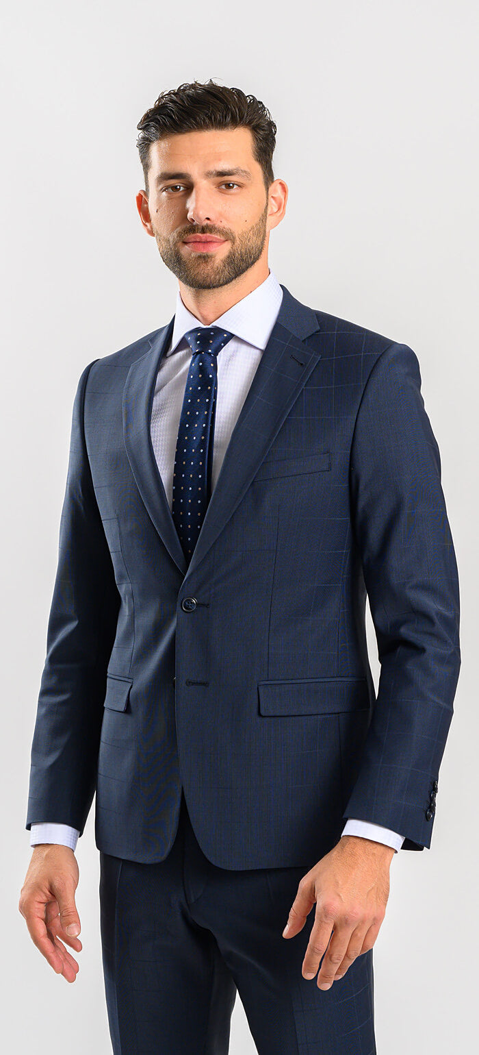 Tmavě modrý károvaný Slim Fit oblek XL velikosti