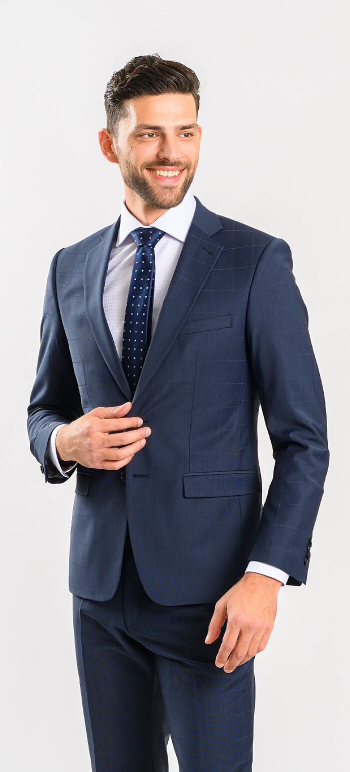 Tmavě modrý károvaný Slim Fit oblek XL velikosti