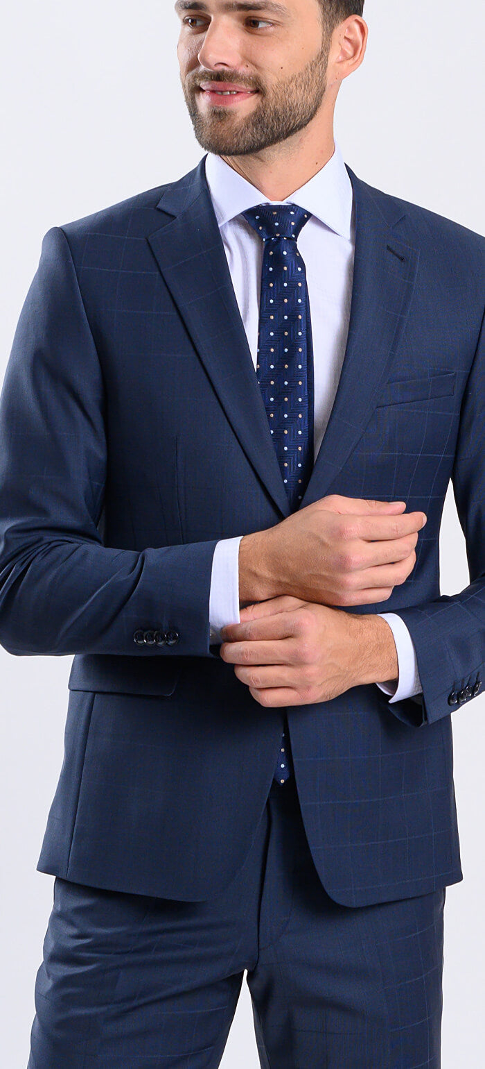 Tmavě modrý károvaný Slim Fit oblek XL velikosti