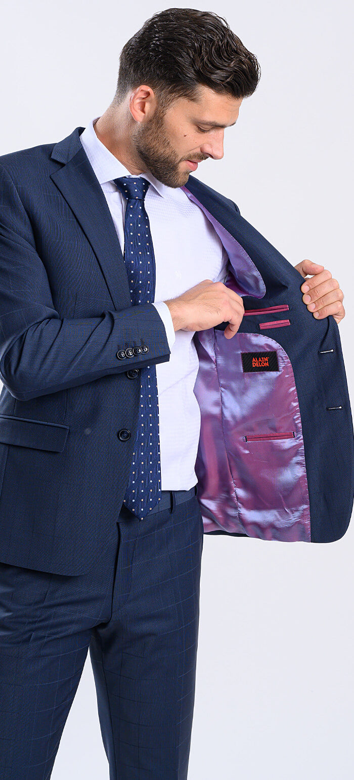 Tmavě modrý károvaný Slim Fit oblek
