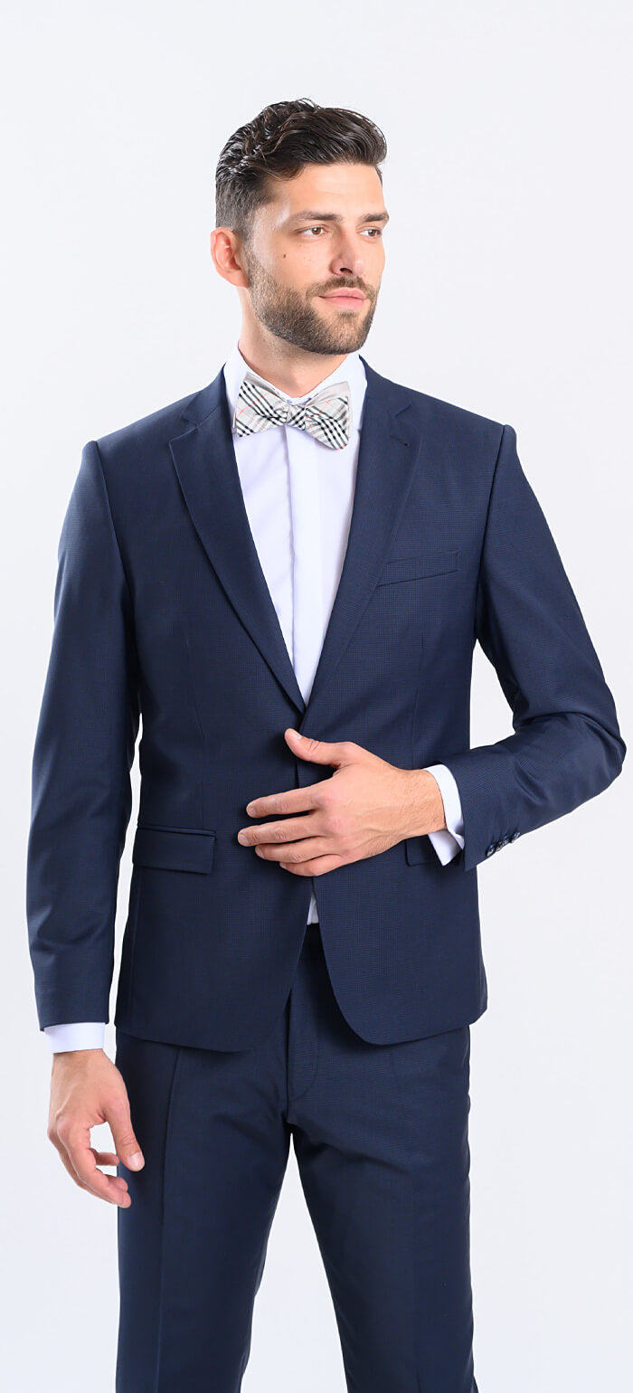 Tmavě modrý Slim Fit oblek s drobným kárem