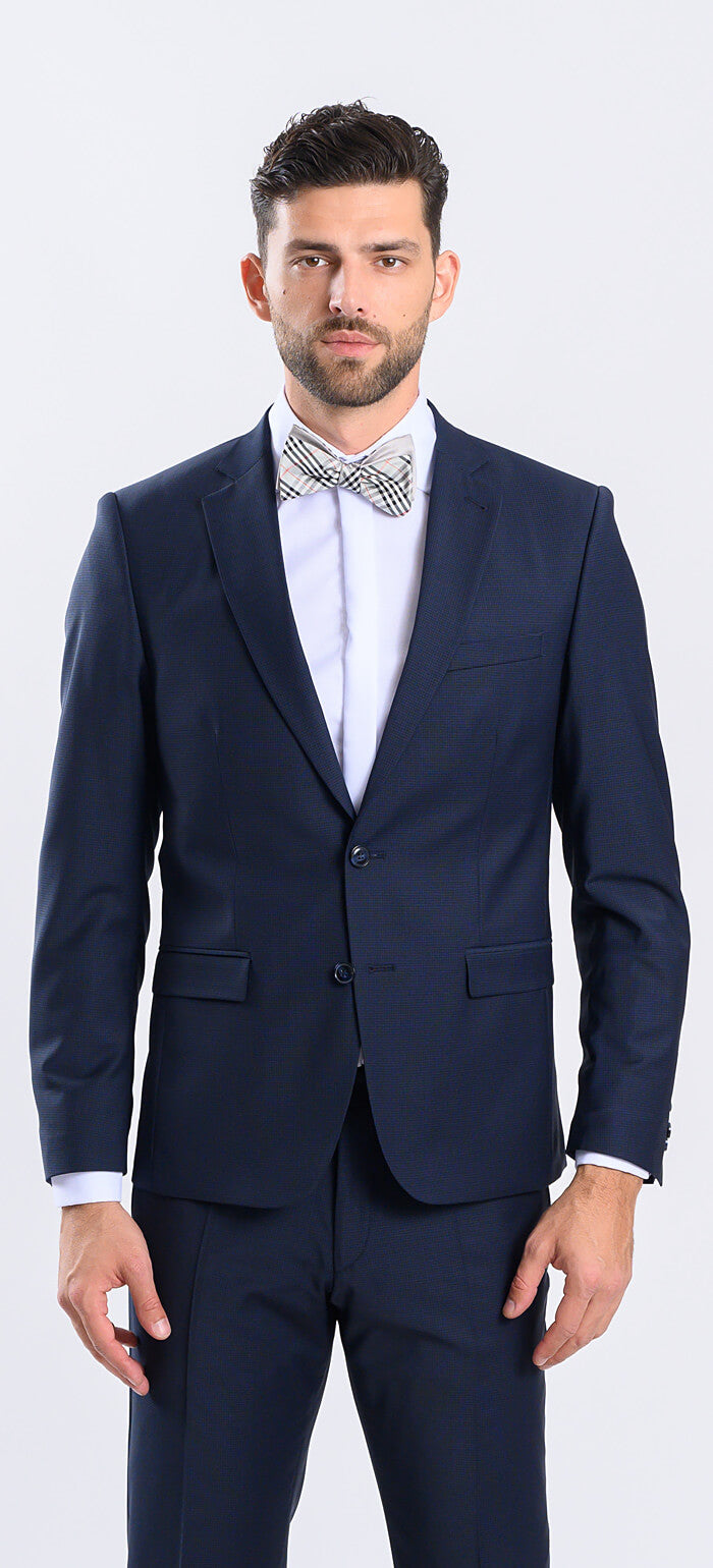 Tmavě modrý Slim Fit oblek s drobným kárem