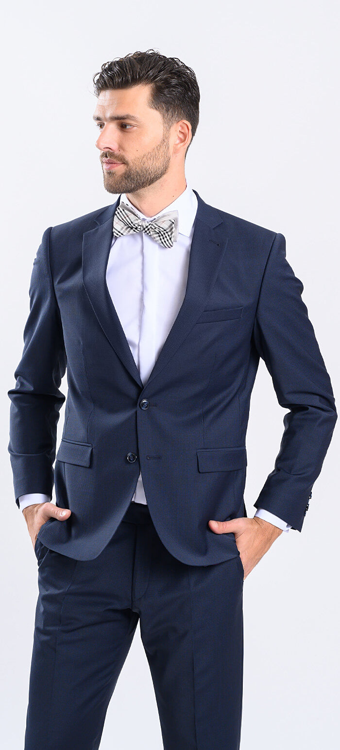 Tmavě modrý Slim Fit oblek s drobným kárem