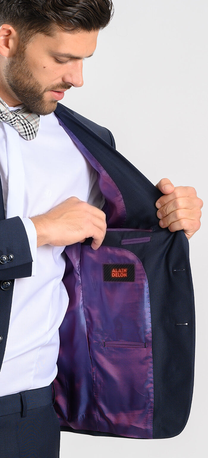 Tmavě modrý Slim Fit oblek s drobným kárem