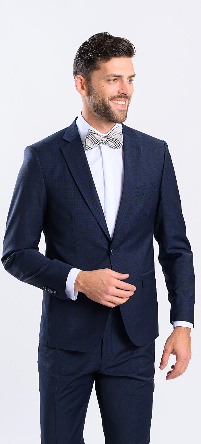 Tmavě modrý Slim Fit oblek s drobným kárem
